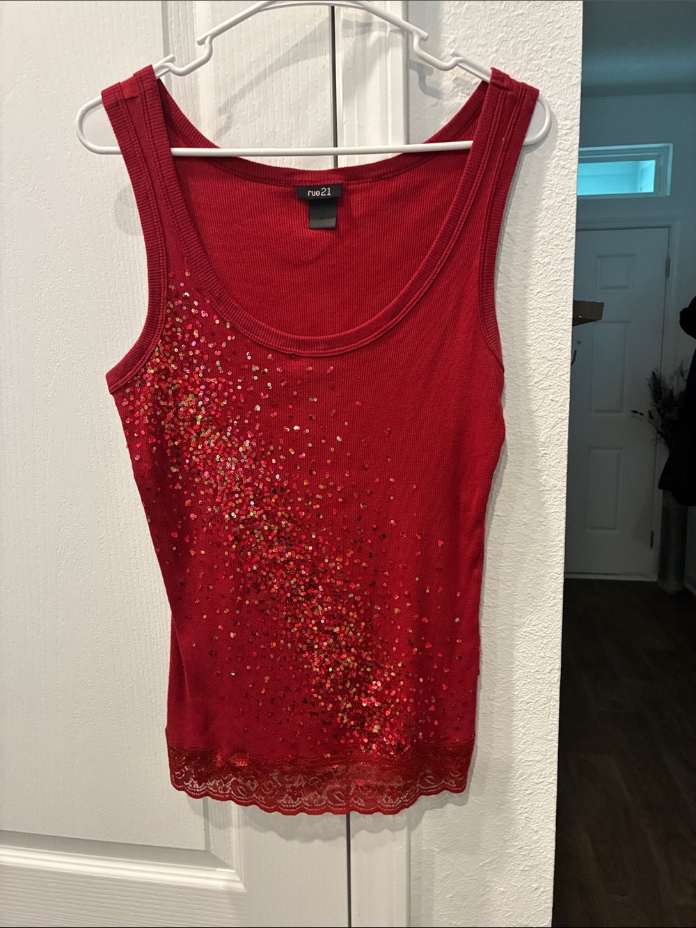 Rue21 Red Sequin Scoop Lace-Hem Tank